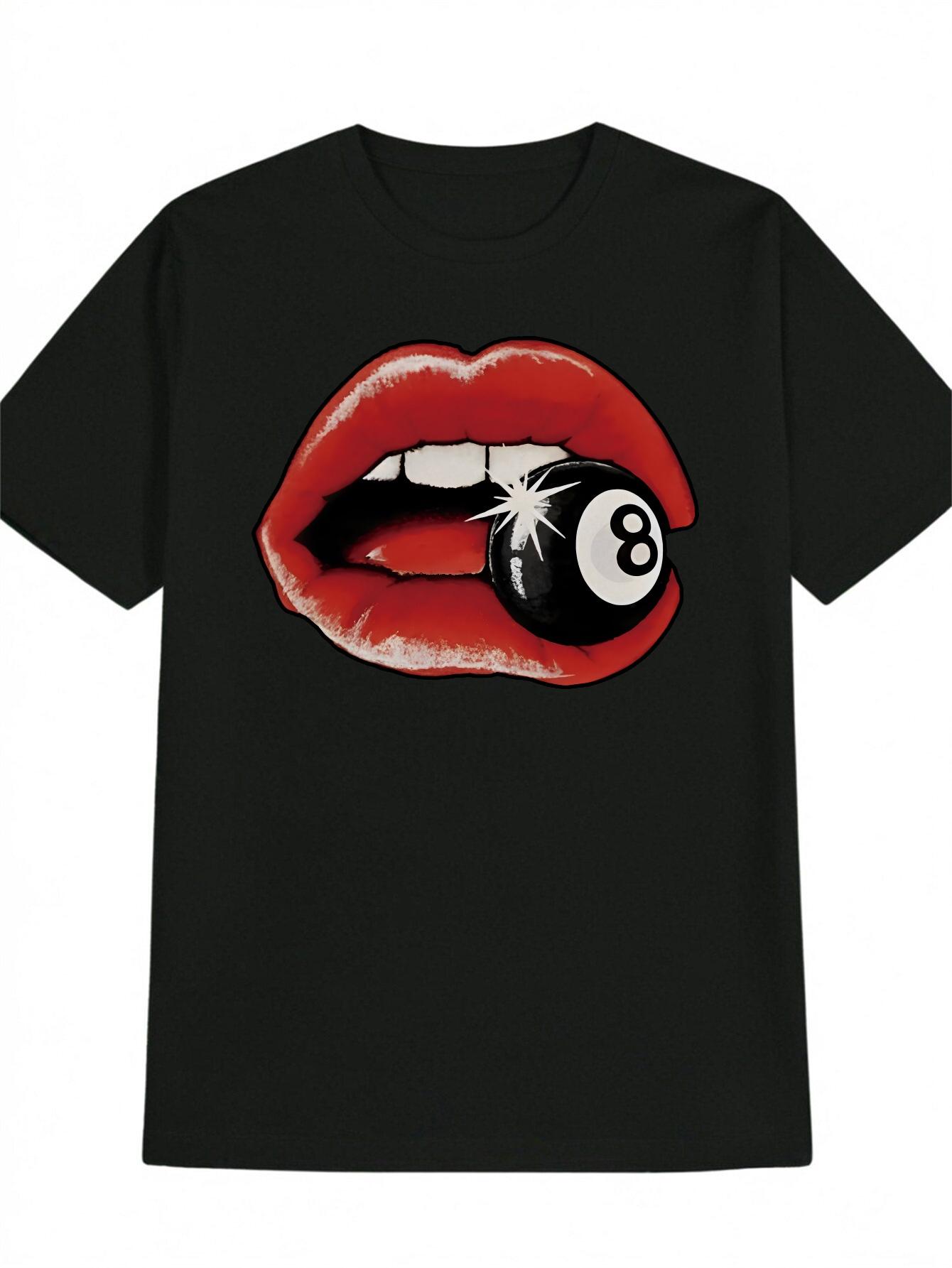 Casual Crew Neck T-shirt with Bold Red Lips & White Teeth Print - Bold Graphic Tee for Casual Attire XL