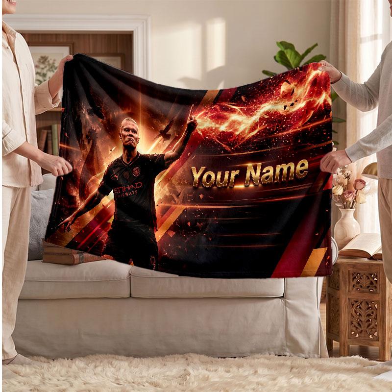 Erling Haaland Personalisierte Fleecedecke Mit Fußballlogo, Individueller Name Text Weich Warm Wohnzimmer Überwurfdecke