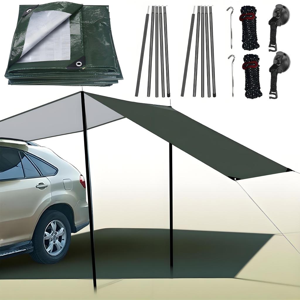 PE Car Awning Canopy with Pole Kits Anti-UV Waterproof for Car SUV Universal Tent Awning Shade Sun Shelter Rooftop Camping Tarps