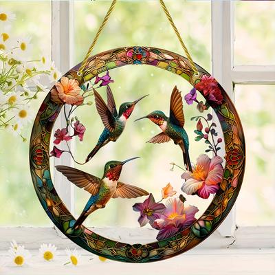 20CM 2D Flat Hummingbird Flower Color Art Translucent Round Window Hanging Decorative Acrylic Decorative Sun Catcher Parasol for   Garden Gift
