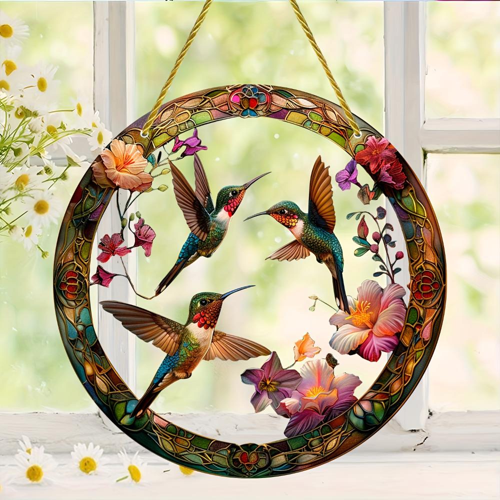 20CM 2D Flat Hummingbird Flower Color Art Translucent Round Window Hanging Decorative Acrylic Decorative Sun Catcher Parasol for   Garden Gift