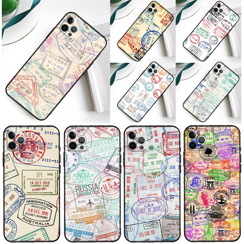 Retro Post Card Passport Stamps Phone Case For iPhone 16 Pro 15 Pro 11 12 13 14 Pro Max Mini XR 16e 15 16 Plus Cover Shell