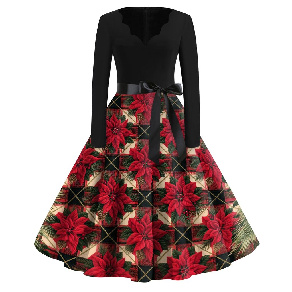 Women's Casual Fashion Christmas Print V-Neck Vintage Dress for Holiday Gatherings