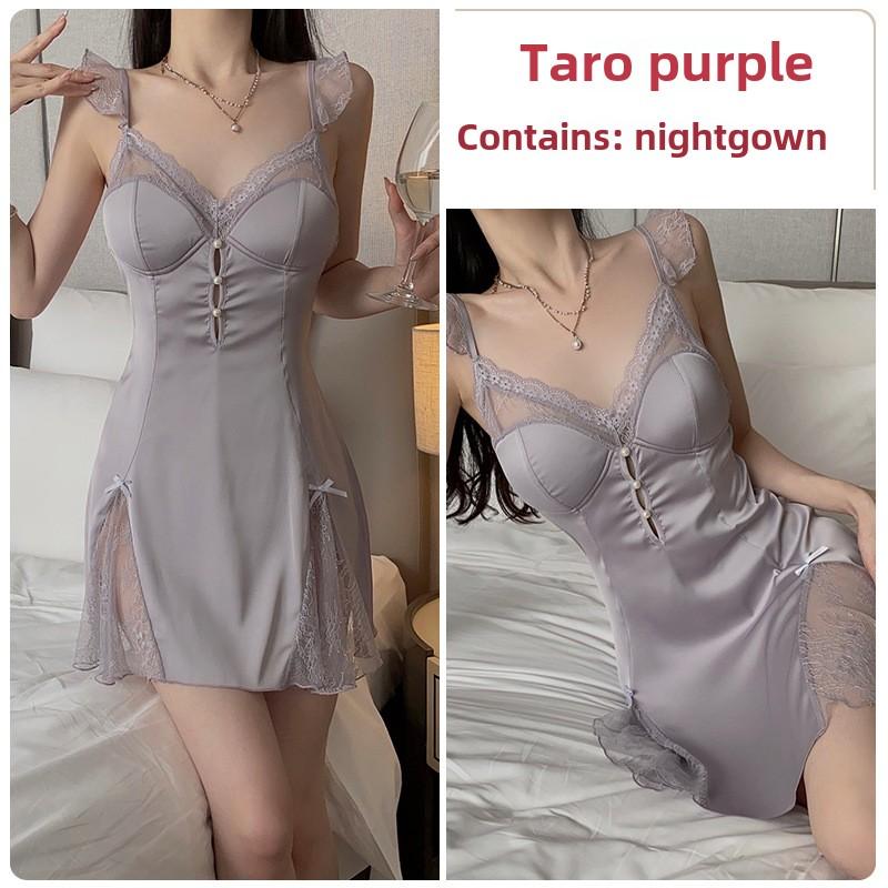 Satin Splicing Lace Perspective Sexy Deep V Plus Chest Pad Suspender Nightdress Robe Home Set
