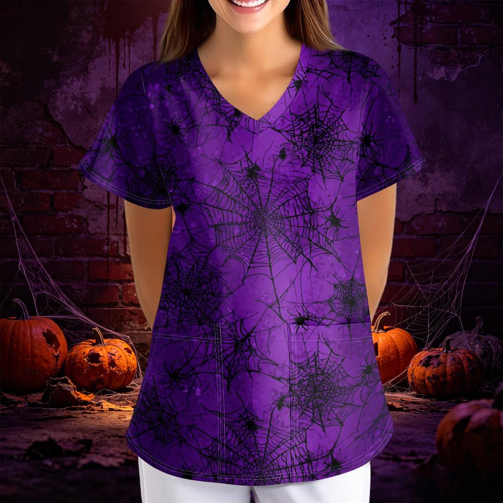 Womens Halloween Print Loose Fit V Neck Pocket Short Sleeve Scrub Top for Nurses and Professionals