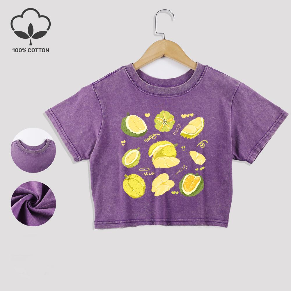 Delicious Durian Printed Cotton Washed T-Shirt Trend Summer Lace Hem Crop Tees O-Neck Regular Fit Tops Casual Female Clothes