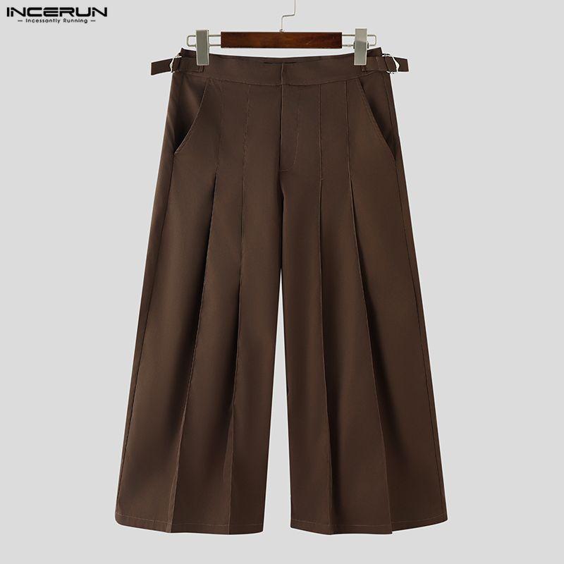 INCERUN Men Casual Zip-up High Waist Long Pleating Wide Legs Pants Trousers