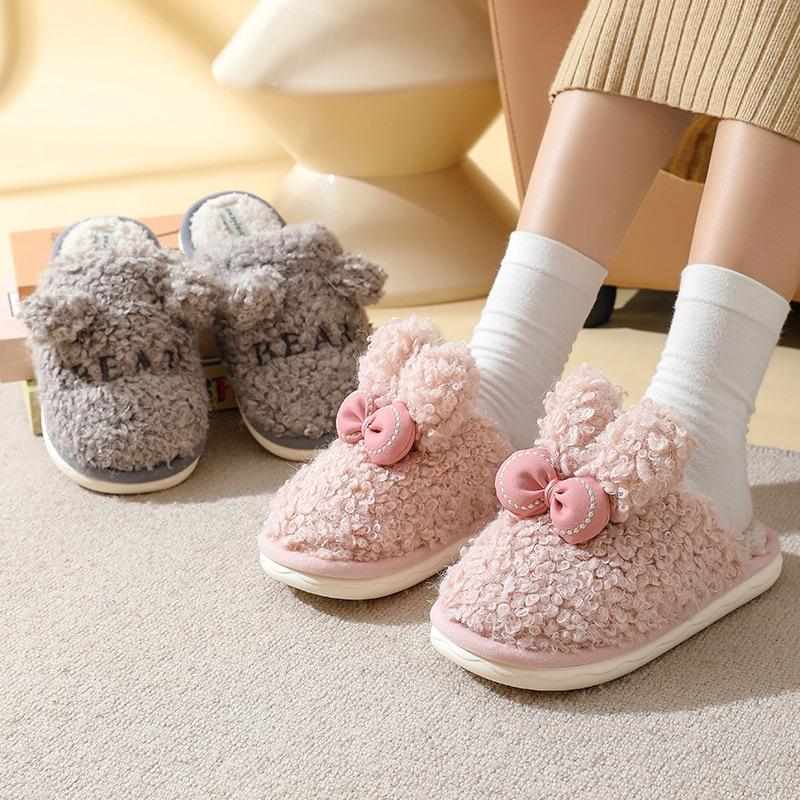 Rabbit ear bow cotton slippers women's winter home couple thickened non-slip soft bottom fluffy thickened warm