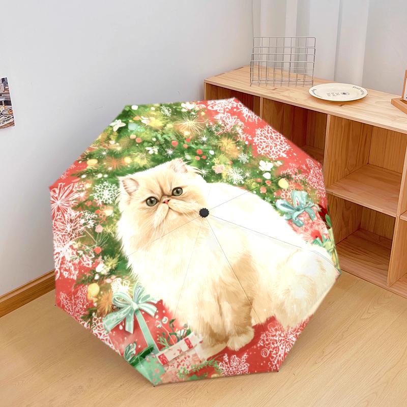 Weihnachtskatze, automatischer Regenschirm, tragbares und faltbares Design, 8 Schirmstäbe, ein Weihnachts- oder Geburtstagsgeschenk.