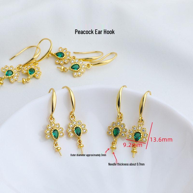 18K Gold-Plated Peacock Ear Hook & Pendant Set with Pearl Base and Zirconia Studs - DIY Earring Accessories