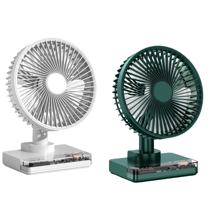 Desktop Clock Fan 90 Egree Shaking Head Height Wind Speed Adjustable 3600mAh Type-C Chargeable Light Portable Fan