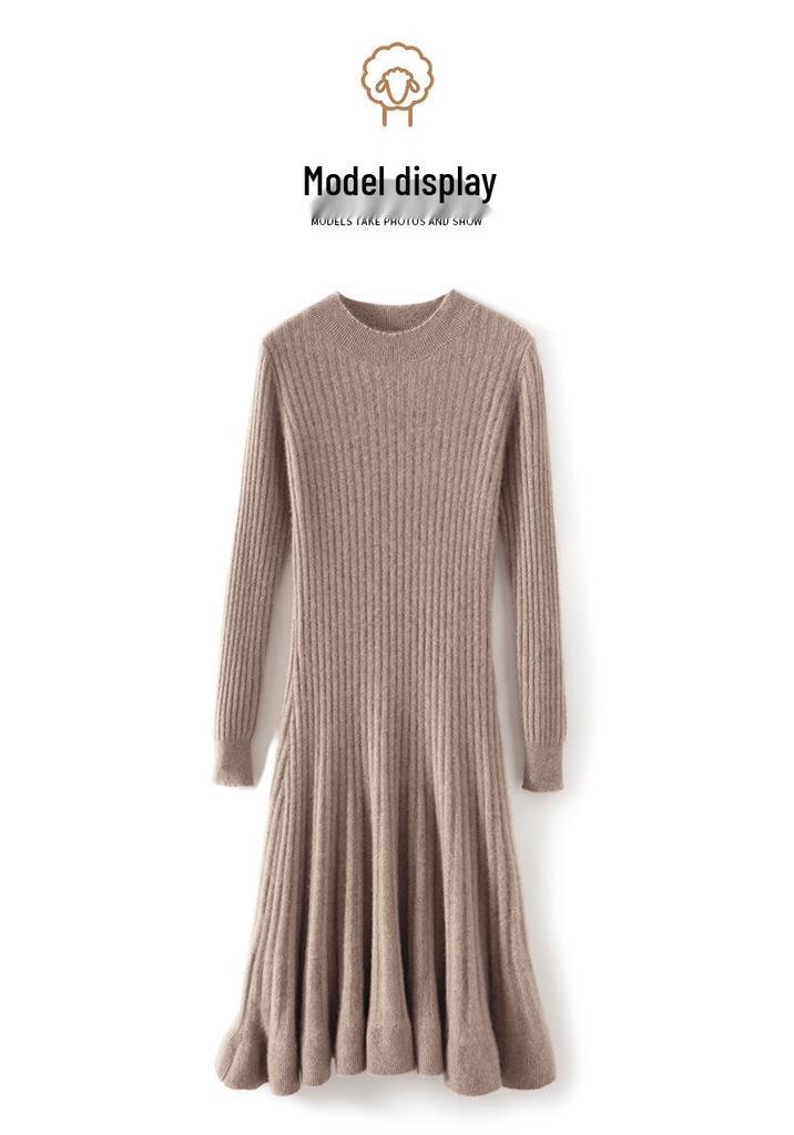 Women's Mid-Length Merino Wool Knit Dress - Autumn/Winter Cashmere Blend Sweater Skirt with Round Neck