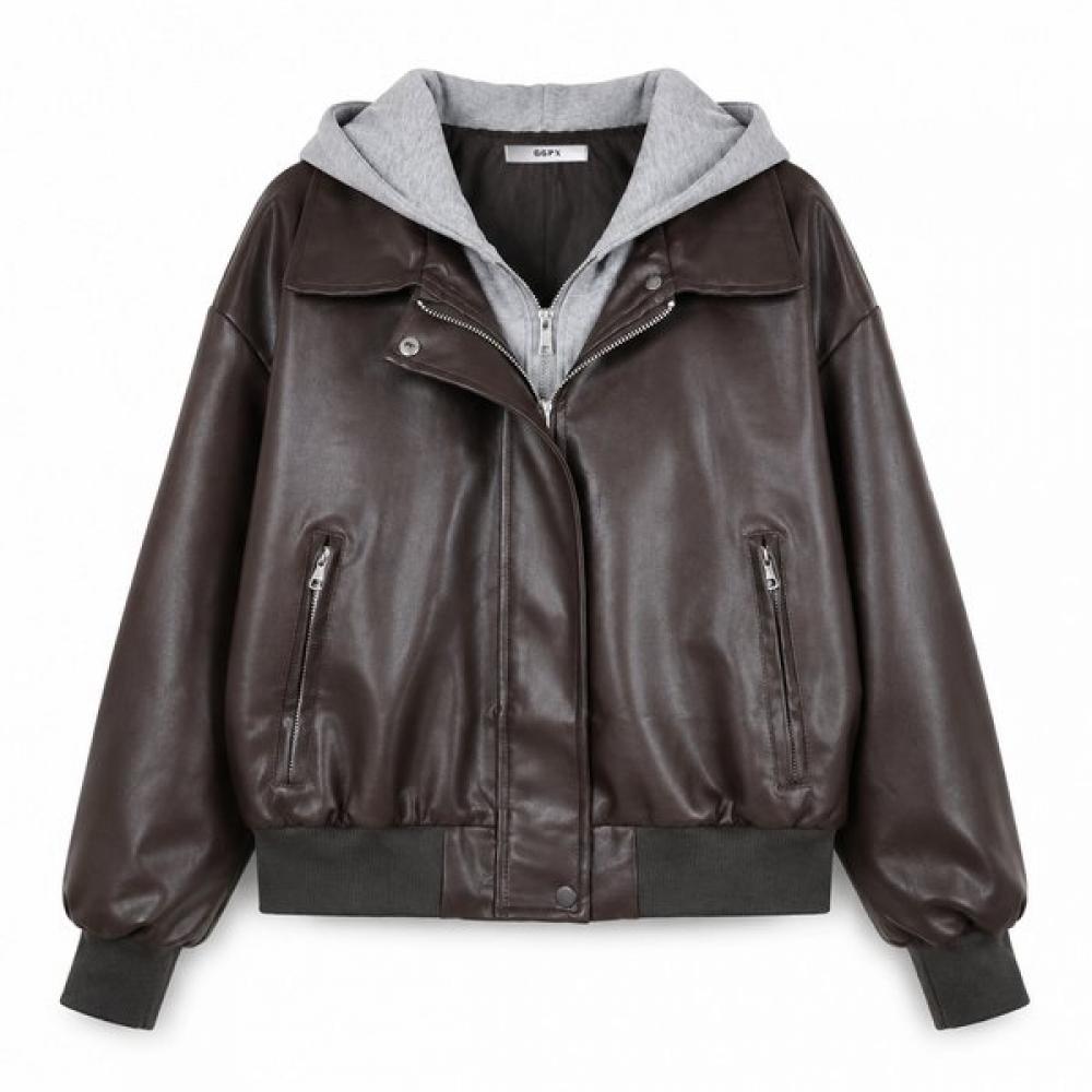 Ggpx New York Men S Gray Hooded Color Block Leather Jumper Gq8jp014f