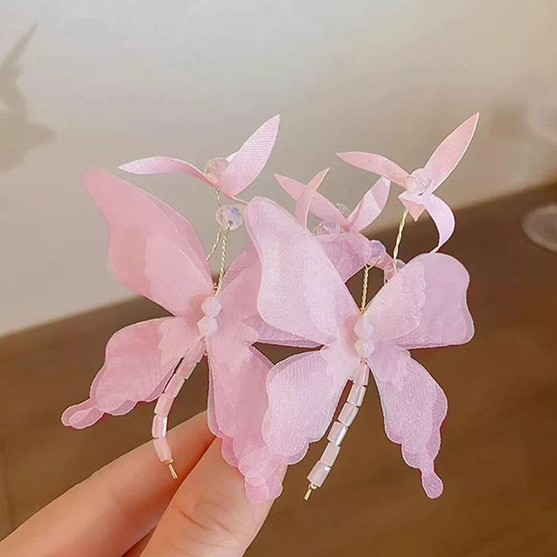 2Pcs White Butterfly Hair Clips Girls Sweet Fairy Chiffon Butterflies Hairpin Barrettes Women Headwear Trendy Hair Accessories