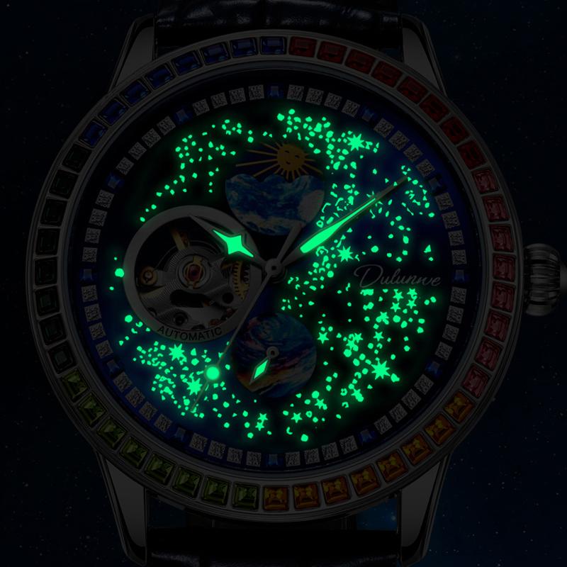 Mehrfarbige Edelsteine Klassisch Herren Mondphasen Uhr Mode Wasserdicht Leuchtend Automatisch Mechanisch Herrenuhren Top Marke Reloj