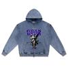 DTG Print Knitted Denim Zip-Up Hoodie Angel Streetwear Brother Print Zipper Hoodies  