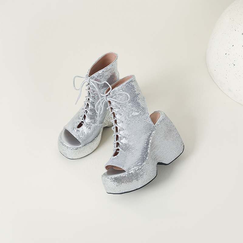 Krazing Pot Sequin Cloth Spring Summer Size 43 Size 42 Women Platform Women Peep Toe Toe Sexy Summer Boots Lace Up Pumps
