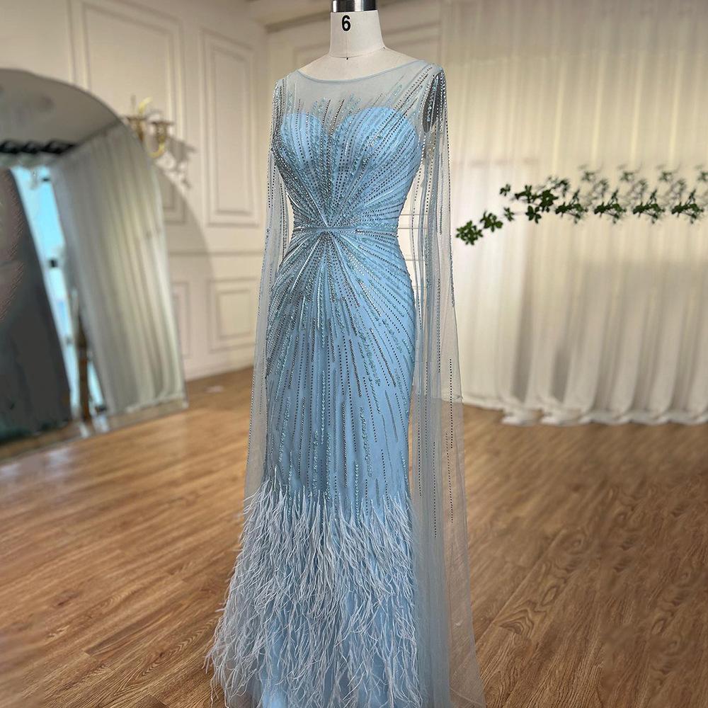Elegant feathers light purple floating sleeve long dress high-end celebrity banquet host performance evening dress LA11011