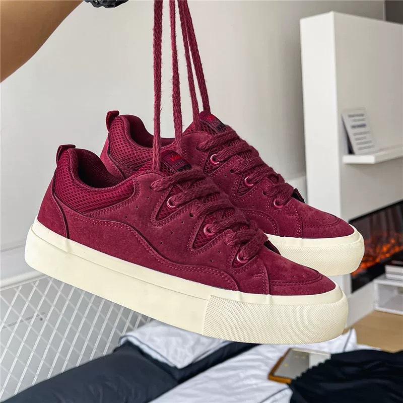 Spring Board Shoes Men's Casual Versatile Shoes Burgundy Ins Niche Design Sense Bread Skateboard Shoes American High Street