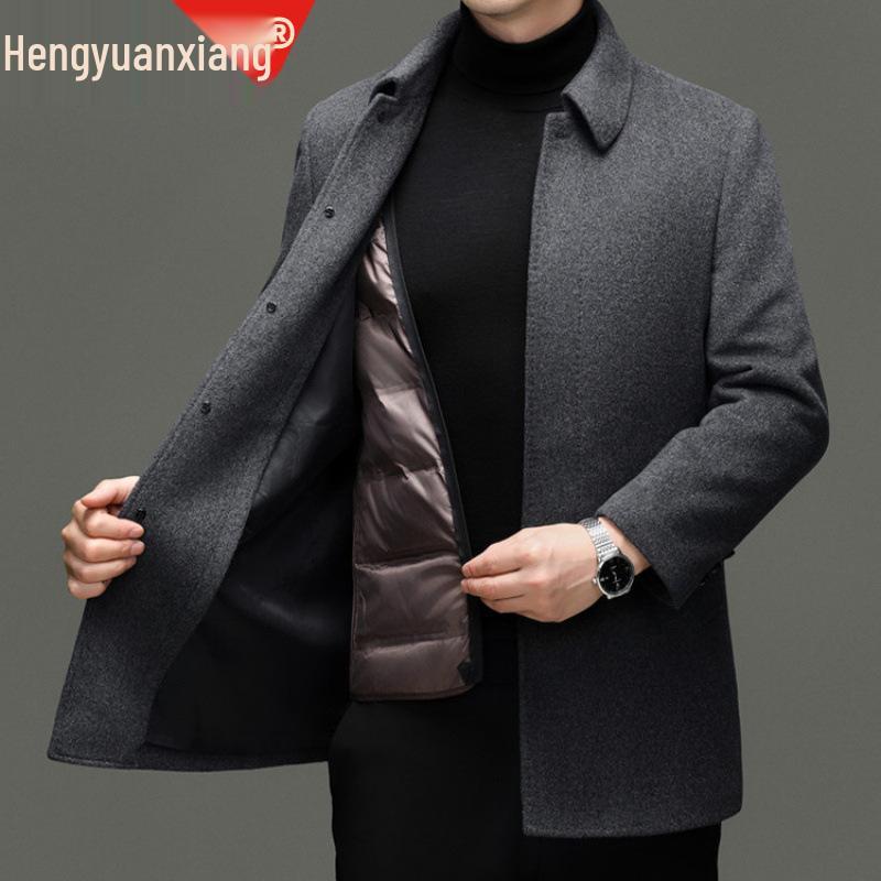 Hengyuanxiang Herren Quadratischer Kragen Mittellanger Wollmantel mit Abnehmbarem Daunenfutter - 2025 Herbst/Winter Warmer Windbreaker