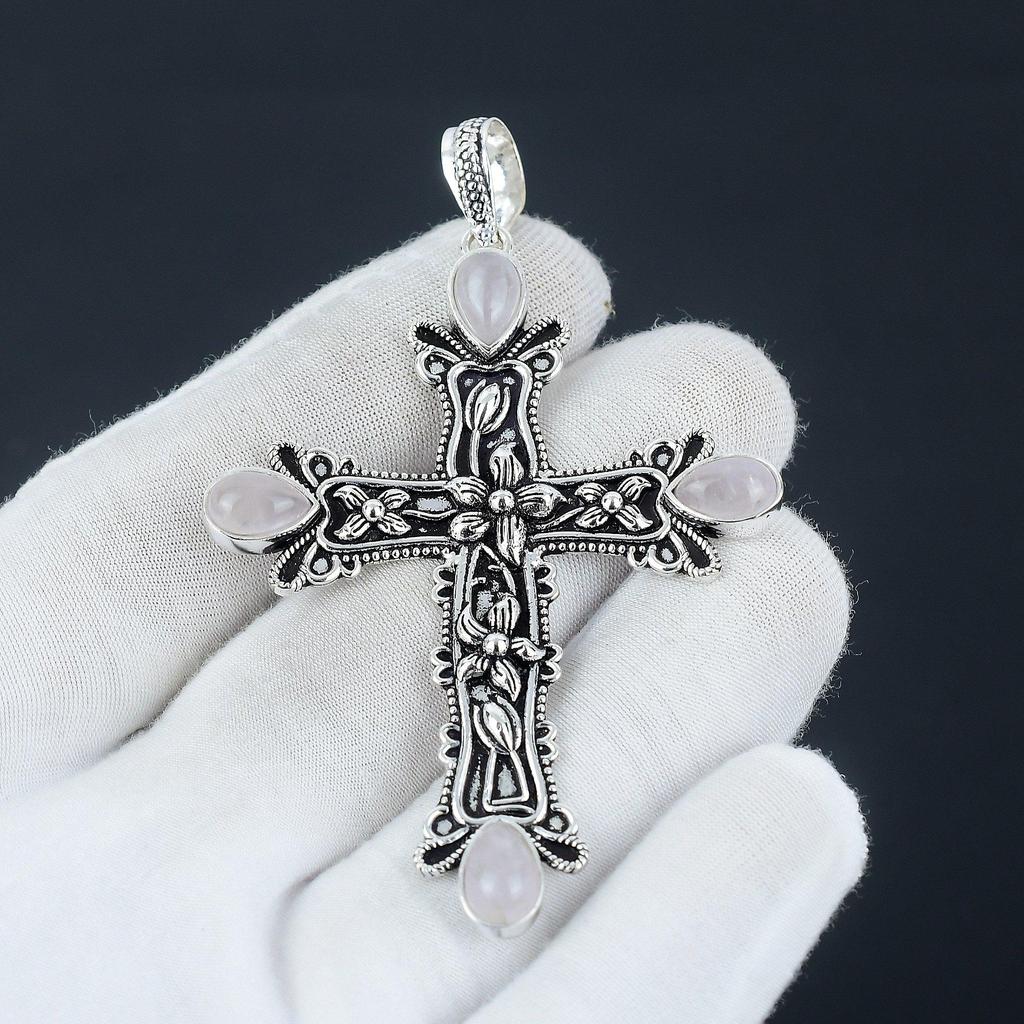 Pandantiv Piatră Prețioasă Cuarț Roz Piatră Prețioasă Cuarț Roz Handmade Argint Sterling 925 Pandantiv Cruce Pentru Cadouri Pandantiv Pentru Ea Pentru Femei Bijuterii