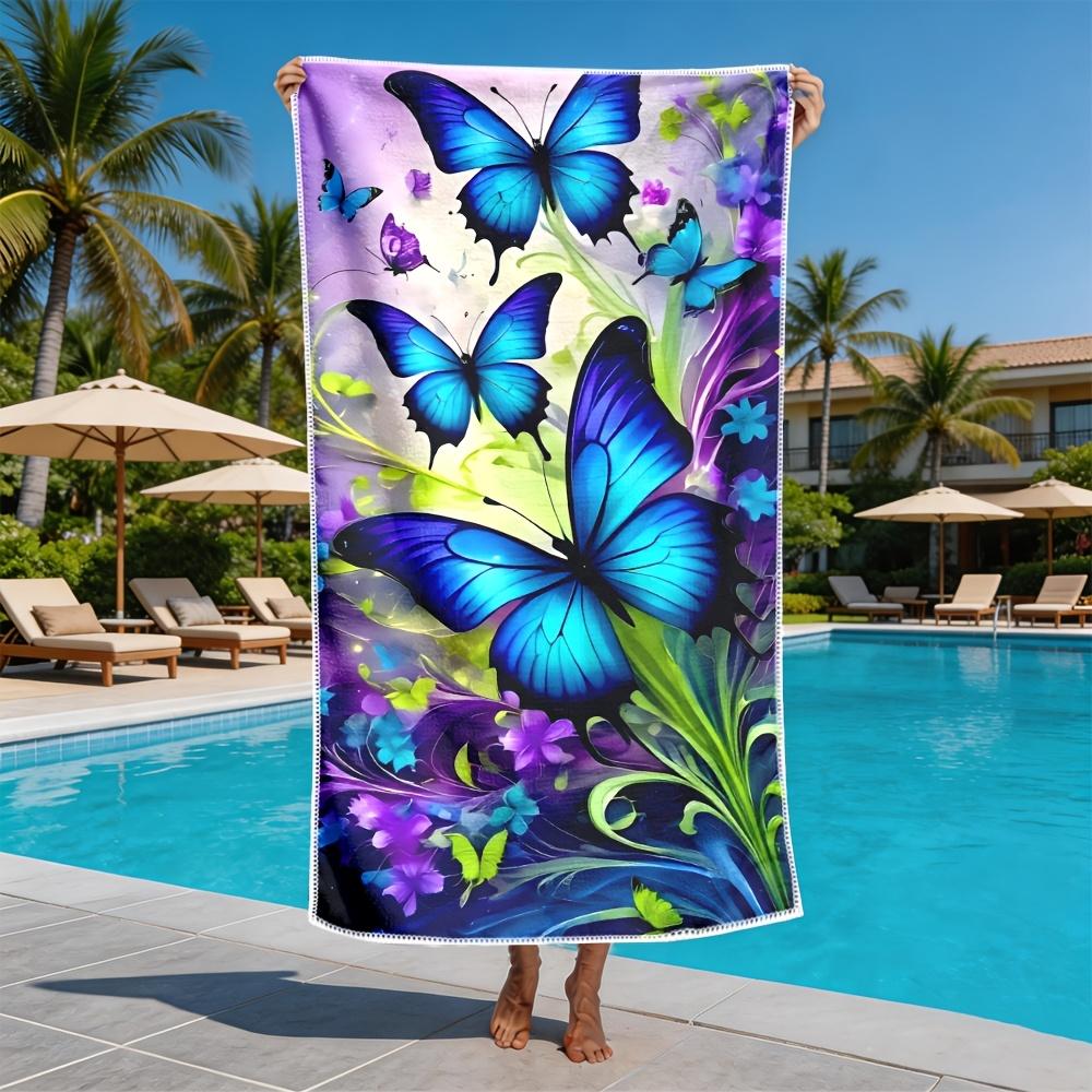 Blue Butterfly Beach Towel Floral Garden Print Fantasy Design Quick Dry Soft Microfiber Bath Towel For Women Girls Gift
