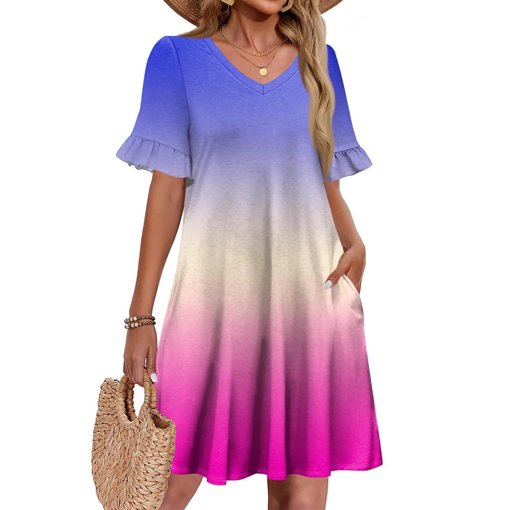 Damen A-Linie Sommerkleid Kurzarm V-Ausschnitt Bedrucktes Kleid Mit Taschen