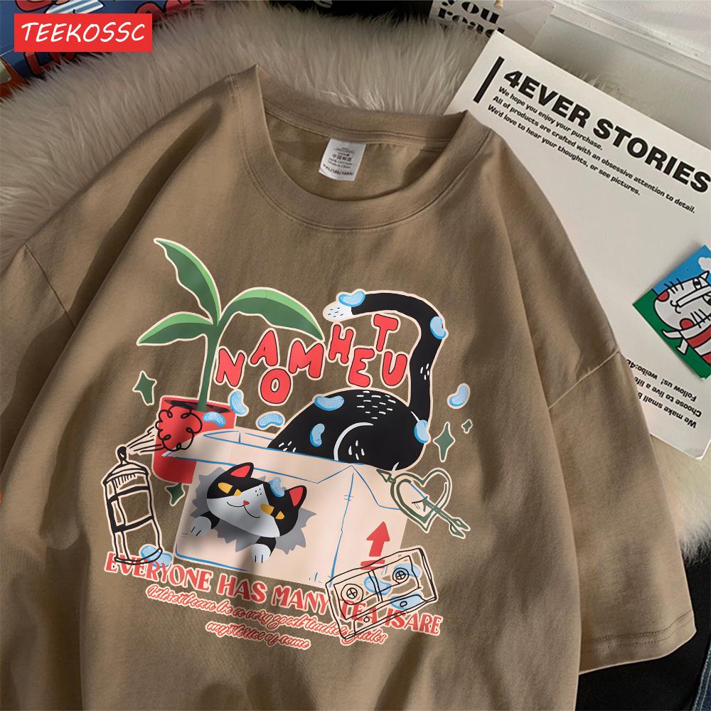 Street Cotton Dámská trička Retro Kreslená kočka Potisk Topů Oversize O-výstřih Měkký Krátký rukáv Letní Ležérní Dámské oblečení