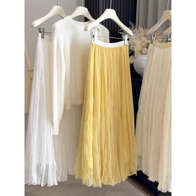 Early spring new fashion temperament versatile high sense A word pleated skirt women's drape mesh fairy skirt medium length skirt