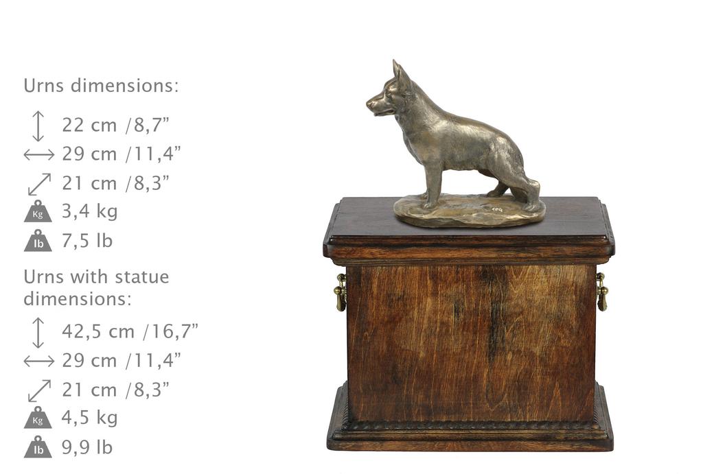 German Shepherd Dog, Alsatian Wolf Dog - urn for the ashes of a dog, urn with a statuette, elegant urn in the classic style of the Art-Dog brand