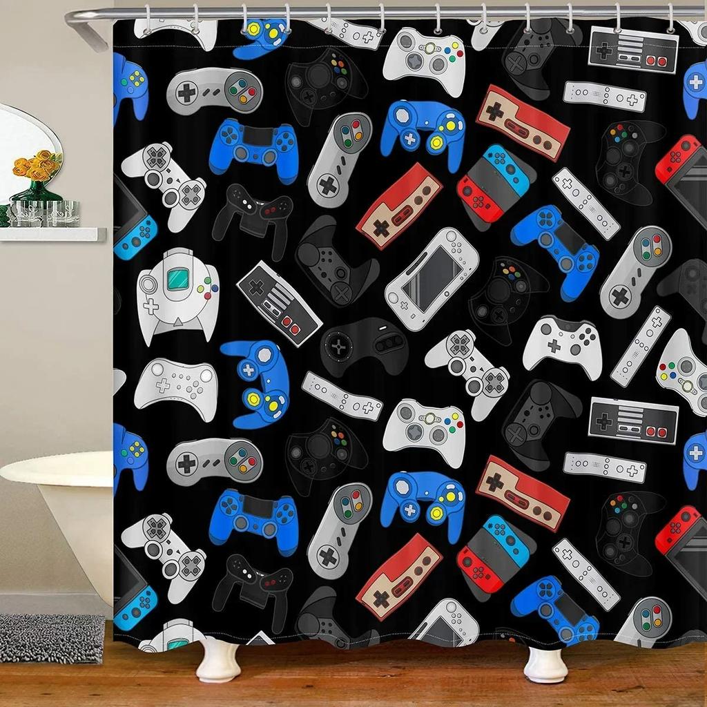 Modern Gamer Shower Curtain Video Game Controller Bath Curtain Room Decor Bright Colorful Geometry Waterproof Bathroom Curtains