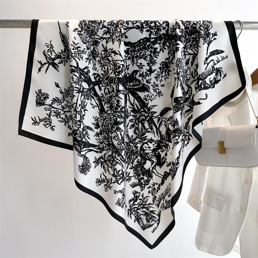 Women Luxury Brand Design Scarf Fashion Blossoms Floral Silk Scarves Square Bird On Tree Print Handkerchief Bandana 90*90Cm