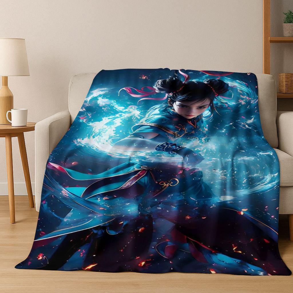 Retro Street Fighter 6 Characters Game Chun-Li Art Flannel Blanket,Cozy Soft Throw Blanket for Home Bedroom Bed Sofa Cover Kids
