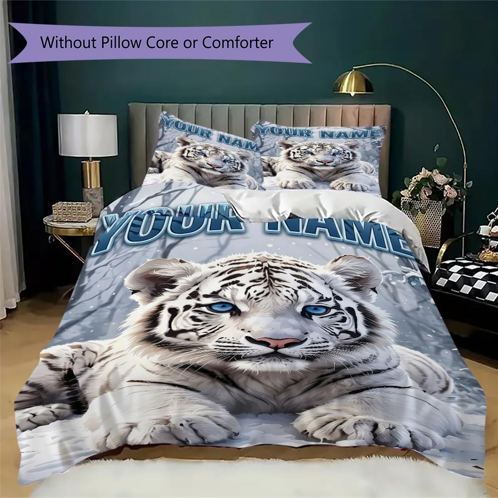 Custom Name White Tiger Artwork Bedding,Quilt Set Quilt Cover Pillowcase Home Birthday Gift(1 * Duvet Cover + 2 * Pillowcase, Without Core)_lx