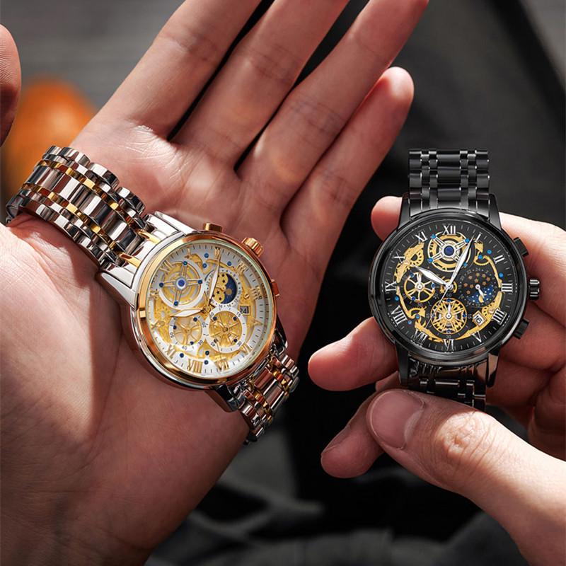 Ceas de mână elegant cu schelet pentru bărbați, cu mecanism quartz: Luminos, Rezistent la apă, Brățară din oțel