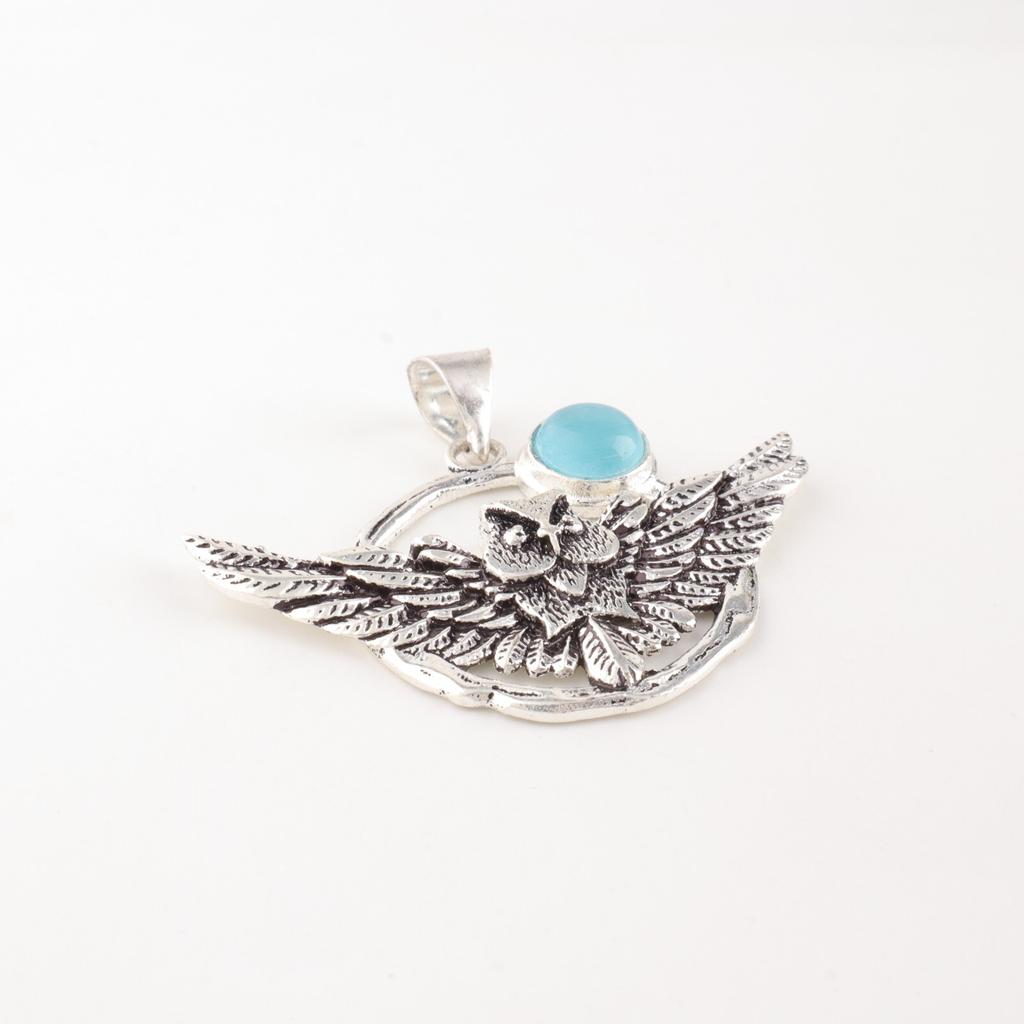 Blue Cat's Eye Gemstone 925 Sterling Silver Jewelry Handmade Owl Pendant 1.48" CP-17-40