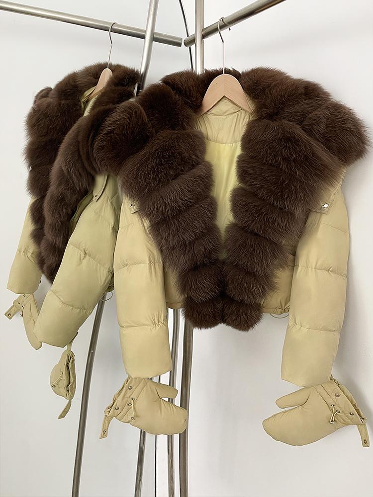 

OFTBUY Новий Зимовий Верхній Одяг Жіночий Короткий З Капюшоном Великий Натуральне Лисяче Хутро Пуховик Жіночий Натуральне Хутро Пухнастий Пуховик з Рукавицями XL