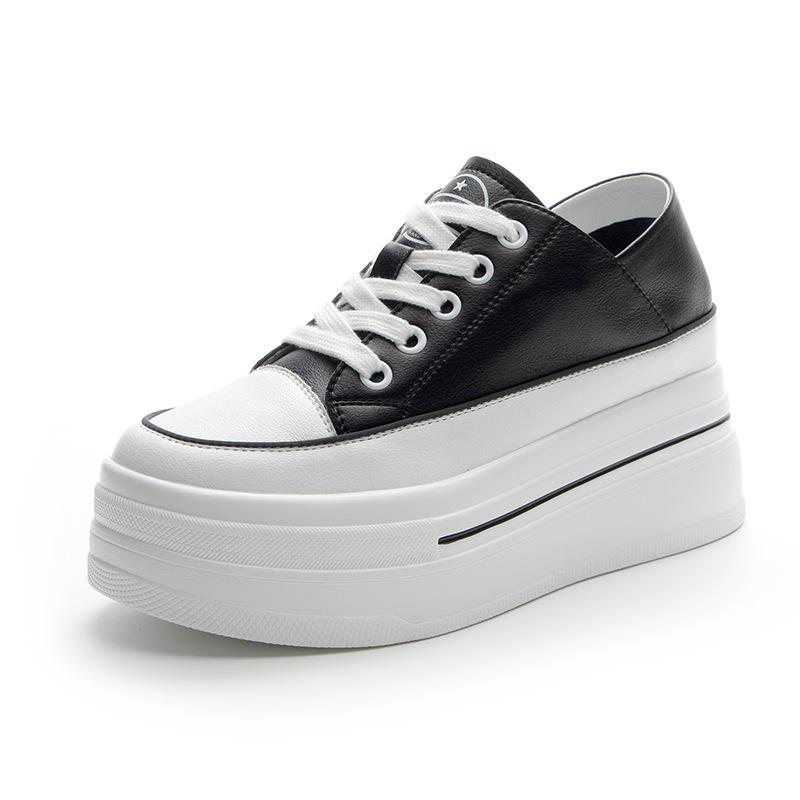 Inner Height Increase 8CM Leather Little White Shoes Women, Spring and Autumn New Versatile Korean Version Thick-soled Muffin Casual Shoes
