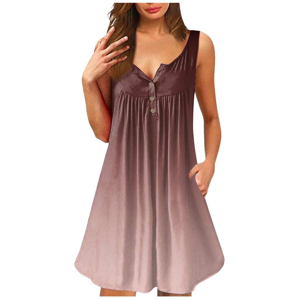 Women's Tank Dress Summer Pleated  Dress Cute Sleeveless Flowy Beach Tunic Tank Dress Button V Neck Dress