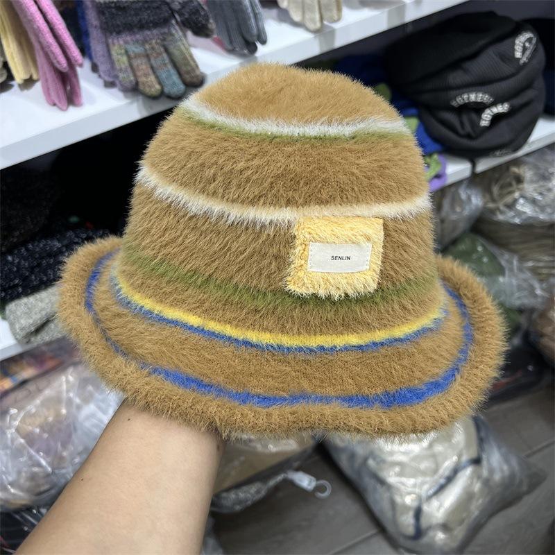 Autumn and Winter Imitation Mink Striped Knitted Wide-brimmed Bucket Hat for Men and Women, Small Fresh College Style Warm Basin Hat