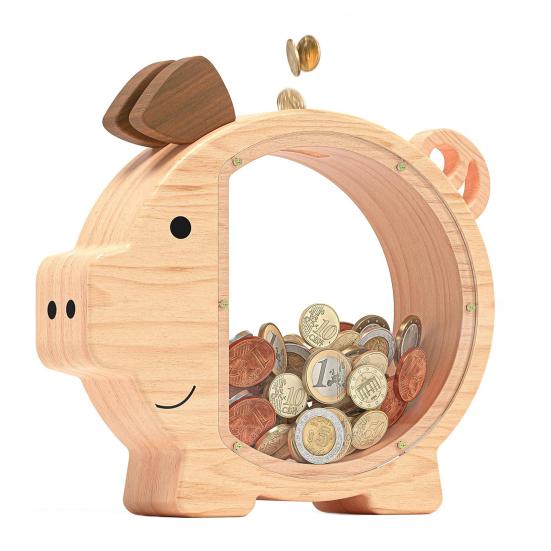 Spardose aus Holz Niedliche Schweinchenform Münzbank Spardose Wiederverwendbare Sparschwein-Geldbox mit transparenten Fenstern für Kinder Kleinkinder Geburtstagsgeschenk