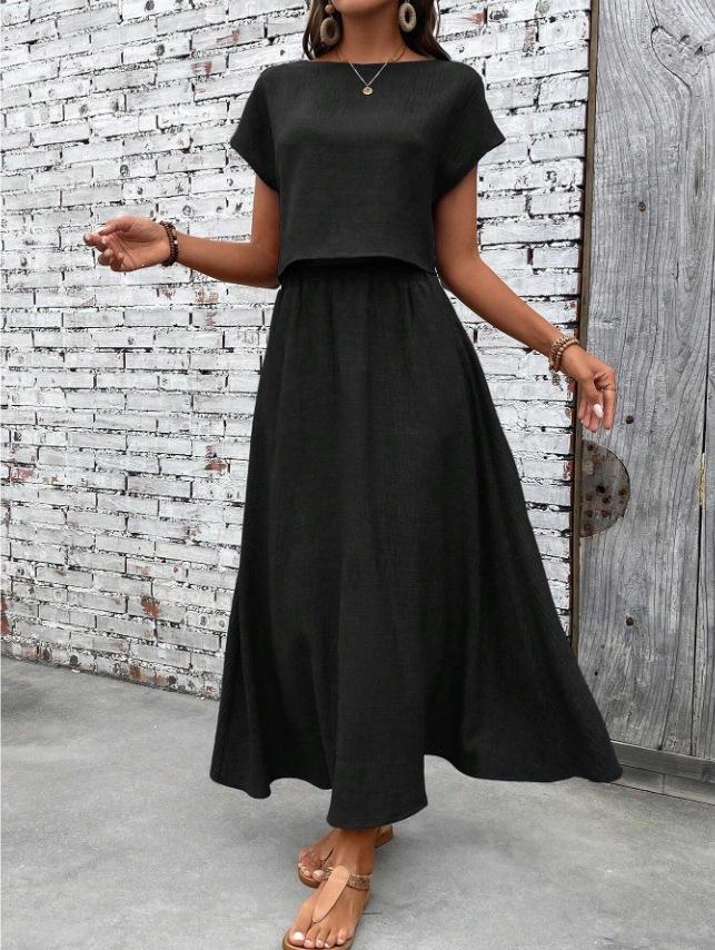 2026 summer fashion casual European and American cross-border 2-piece set women's solid color short-sleeved top and casual A-shaped skirt set