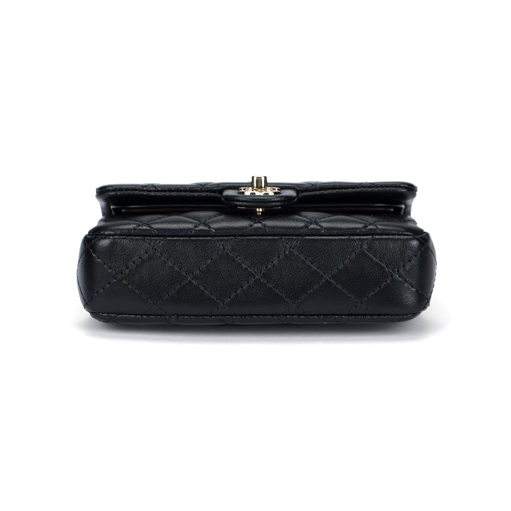 Chanel 25a Doppel-C-Logo Lederkette Rautenmuster Perle Mit Hakenverschluss Lammfellmaterial Goldene Beschläge Münzbörse Mini Damenmodell Schwarz
