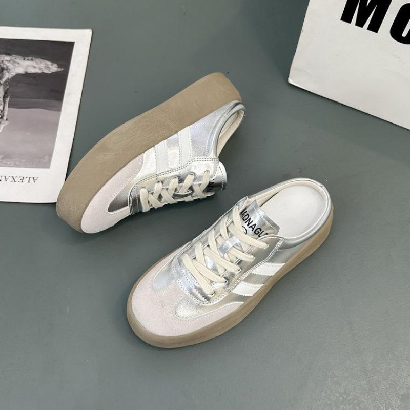 

Thick-soled bag head slippers women s 2025 new summer wear lazy one-pedal white shoes, German training casual half slippers 35 серебряный