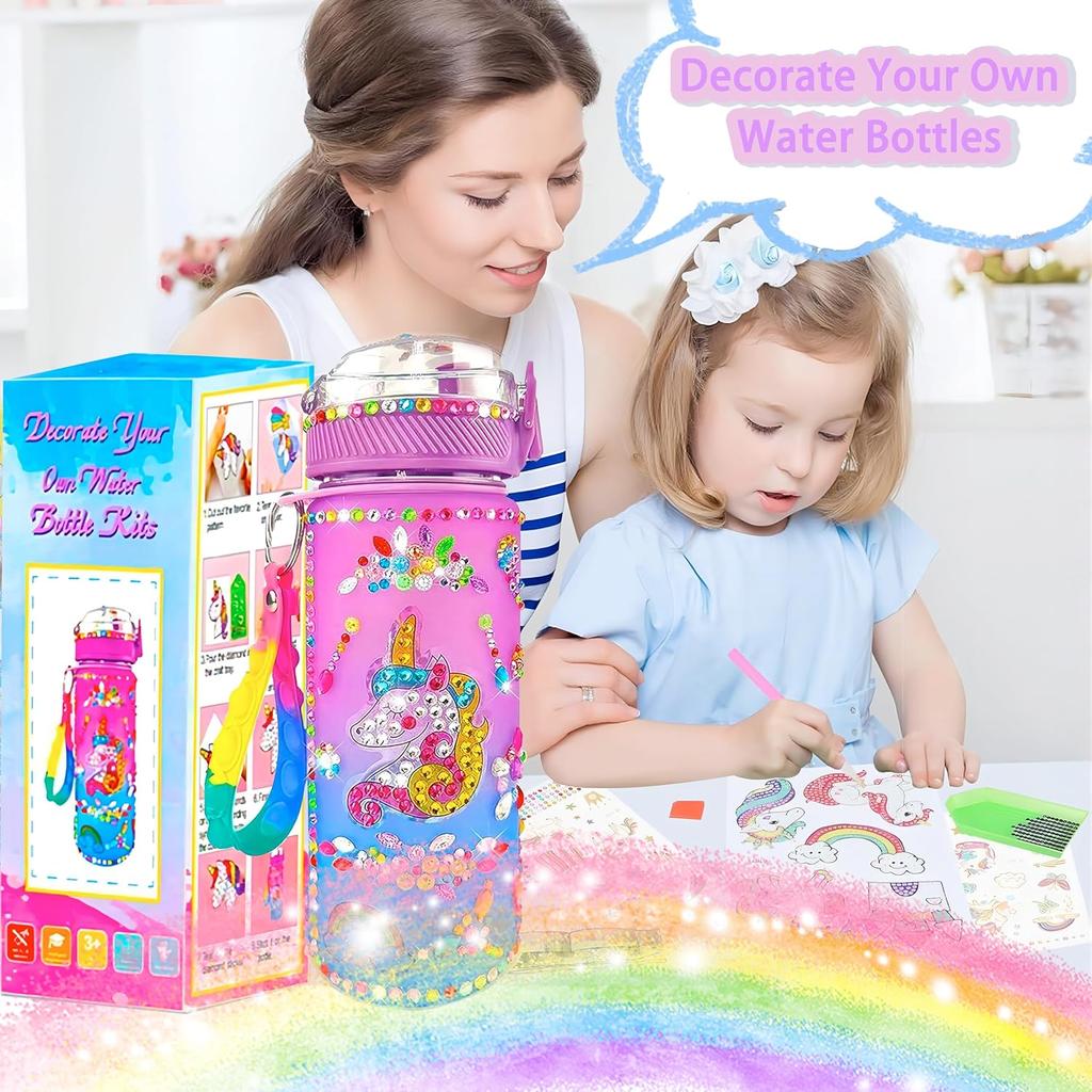 Creative DIY Gemstone Kids Water Bottle 600ml Rainbow Unicorn for School & Outdoor, Holiday Gift for Boys Girls Age 4-6-8-10, Multicolor