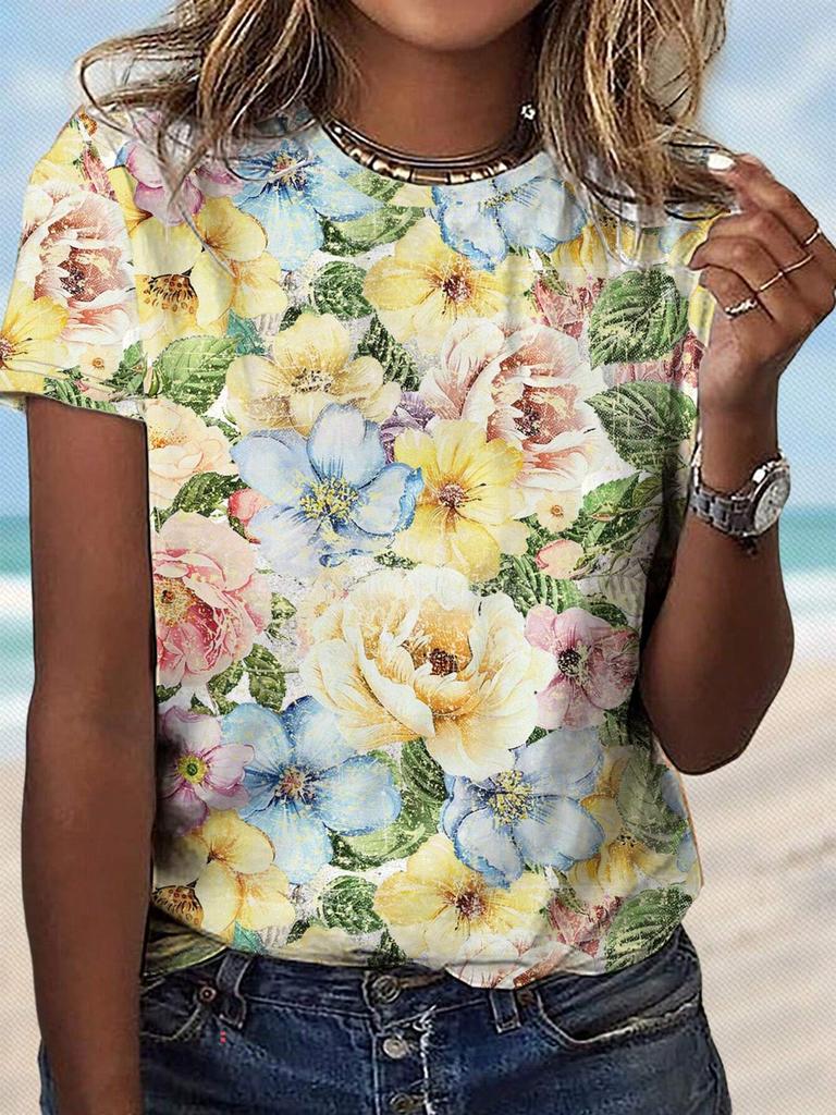 3D Colorful Floral Pattern Women's T-shirts Summer Casual Round Neck Top Short Sleeve Loose Casual Daily T-shirts