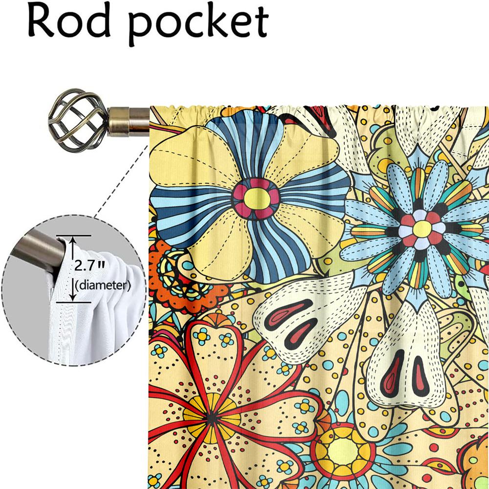 2Pcs Retro Floral Curtains Colorful Hand-drawn Pattern Living Room Study Sunshade Bohemian Style Decor Curta