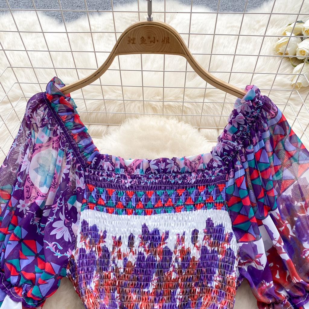 Berufskleid für Damen, quadratischer Kragen, Puffärmel, bedruckt, Chiffon-Kleider, A-Linie, Falten, Stretch, Vestidos Mujer, Sommer, Dropship