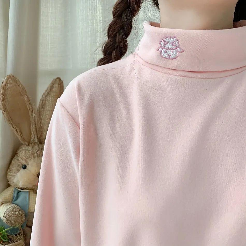 

Women s High Neck Fleece-Lined Lamb Embroidery Loose Long Sleeve Top S (30-40 kg)