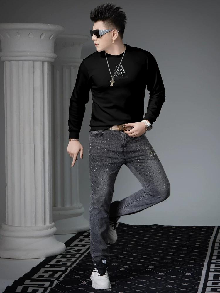 European-Style Round-Neck Sweatshirt for Men, 2025 Autumn New Trendy Brand Printed Pullover Casual Top, Long-Sleeve Base Shirt for Men